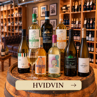 Udvalg af italienske hvidvine fra Vino de Gaudio pr�senteret p� en vint�nde i vinbutikken.