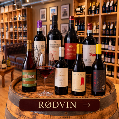 Udvalg af italienske r�dvine fra Vino de Gaudio pr�senteret p� en vint�nde i vinbutikken.